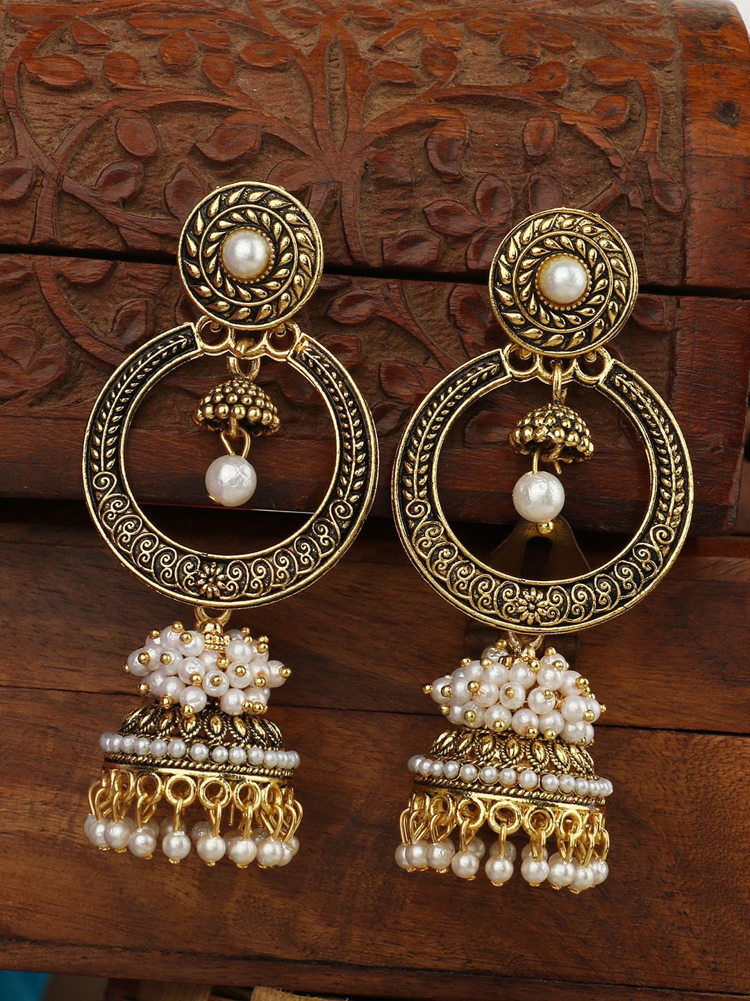 ANIKAS CREATION Gold-Plated & White Dome Shaped Jhumkas Price in India