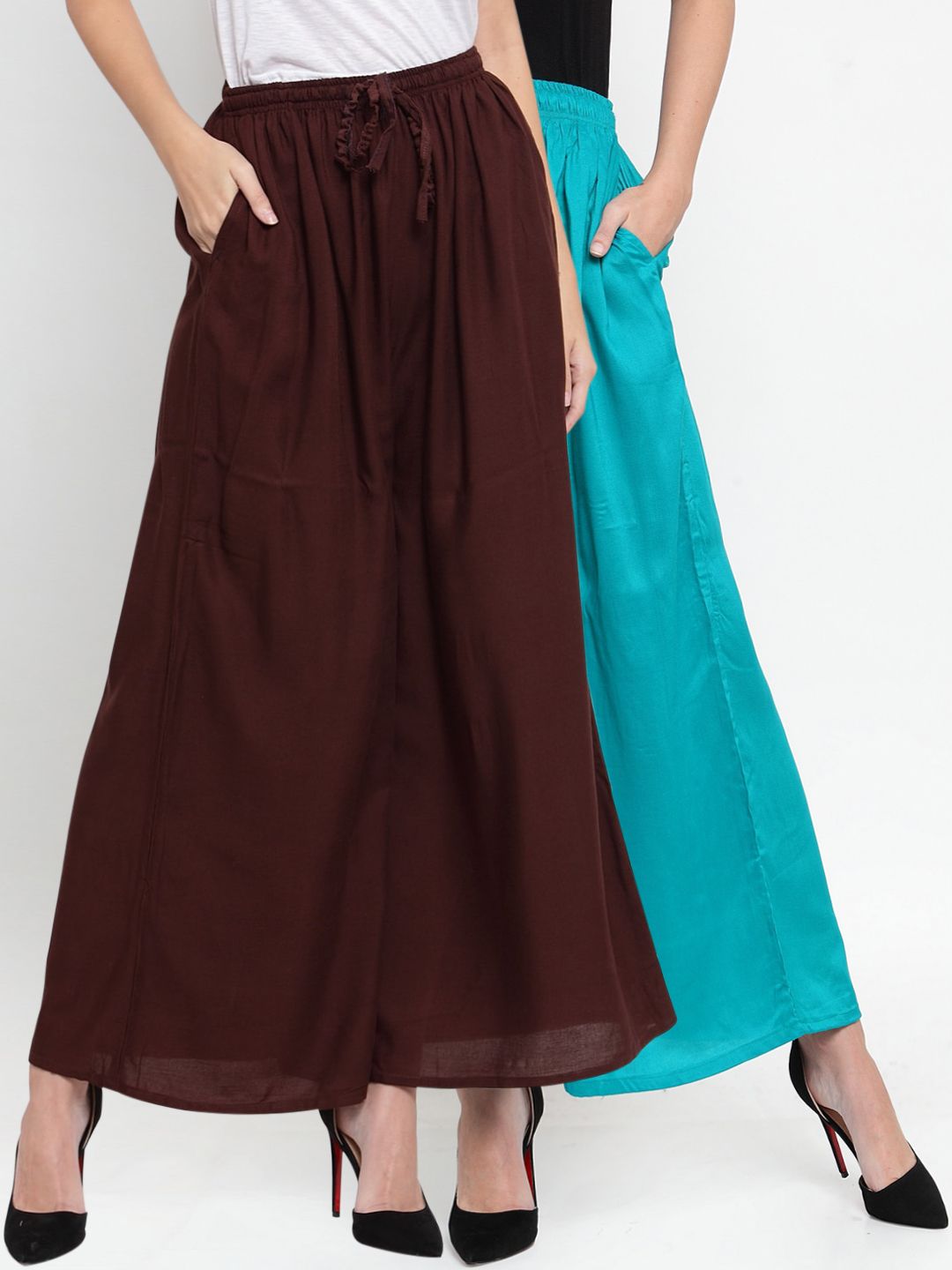 Clora Creation Women Pack Of 2 Brown & Turquoise Blue Solid Wide Leg Palazzos Price in India