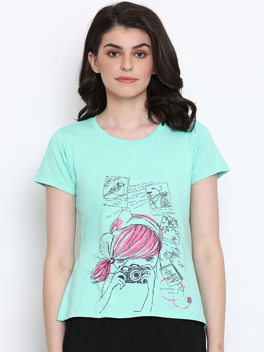 Clovia Women Sea-Green & Pink Printed Lounge T-shirt Price in India