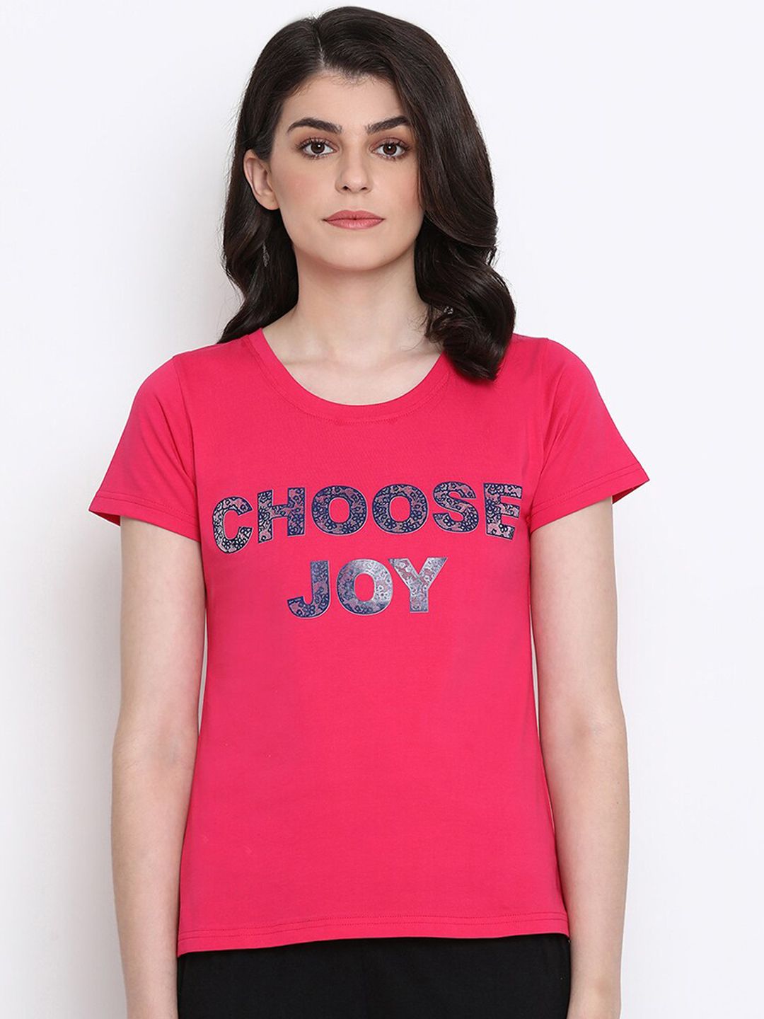 Clovia Women Pink & Blue Printed Lounge T-shirt Price in India