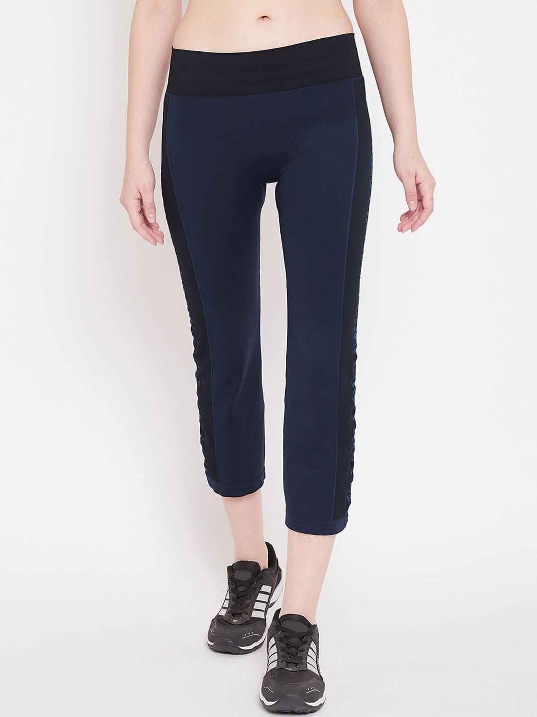 C9 AIRWEAR Women Navy Blue & Black Solid Side Panelled Slim Fit 3/4 Length Track Pants Price in India