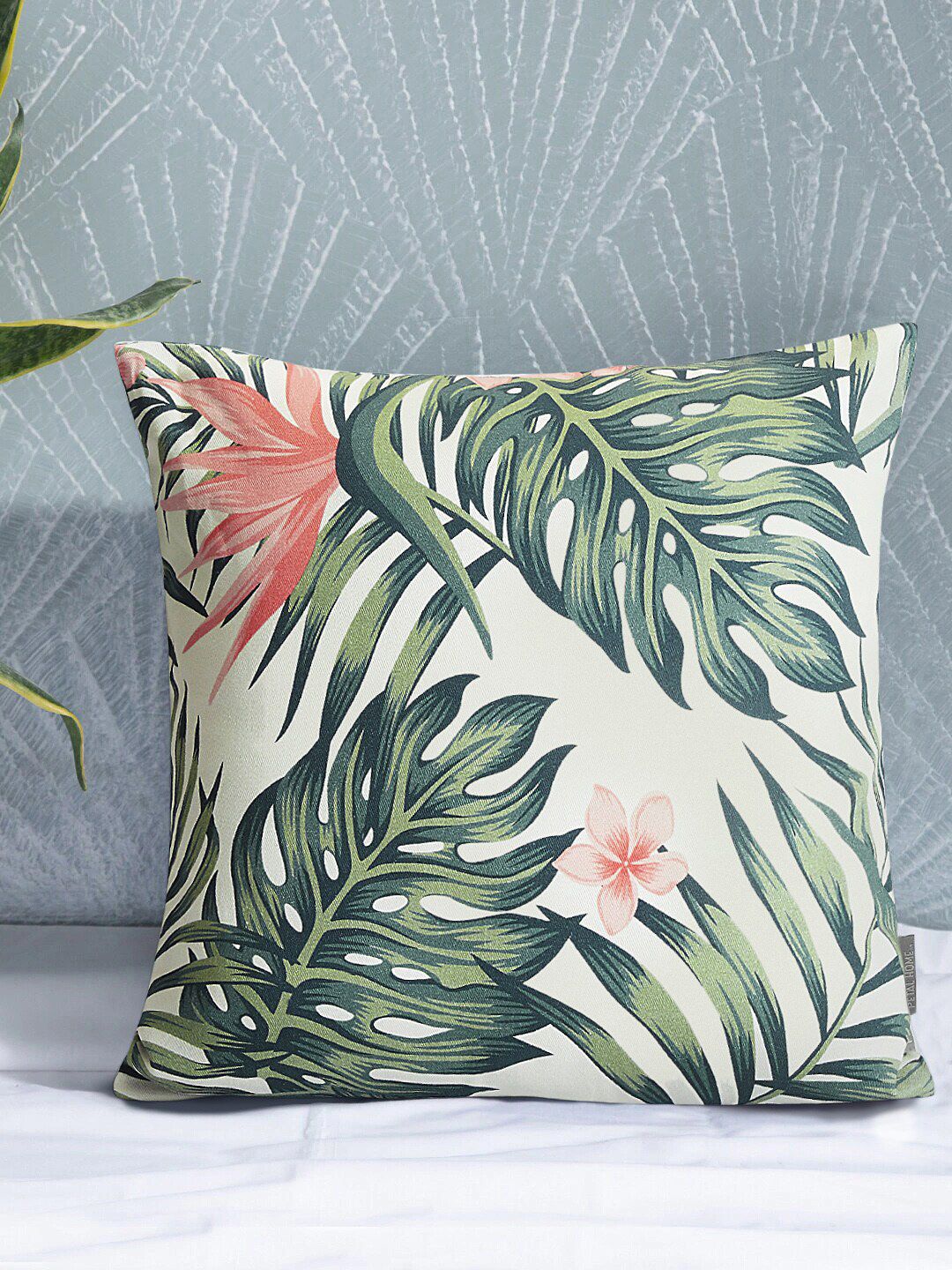 PETAL HOME Off-White & Green Tropical Print Single Floral Square Cushion Cover Price in India