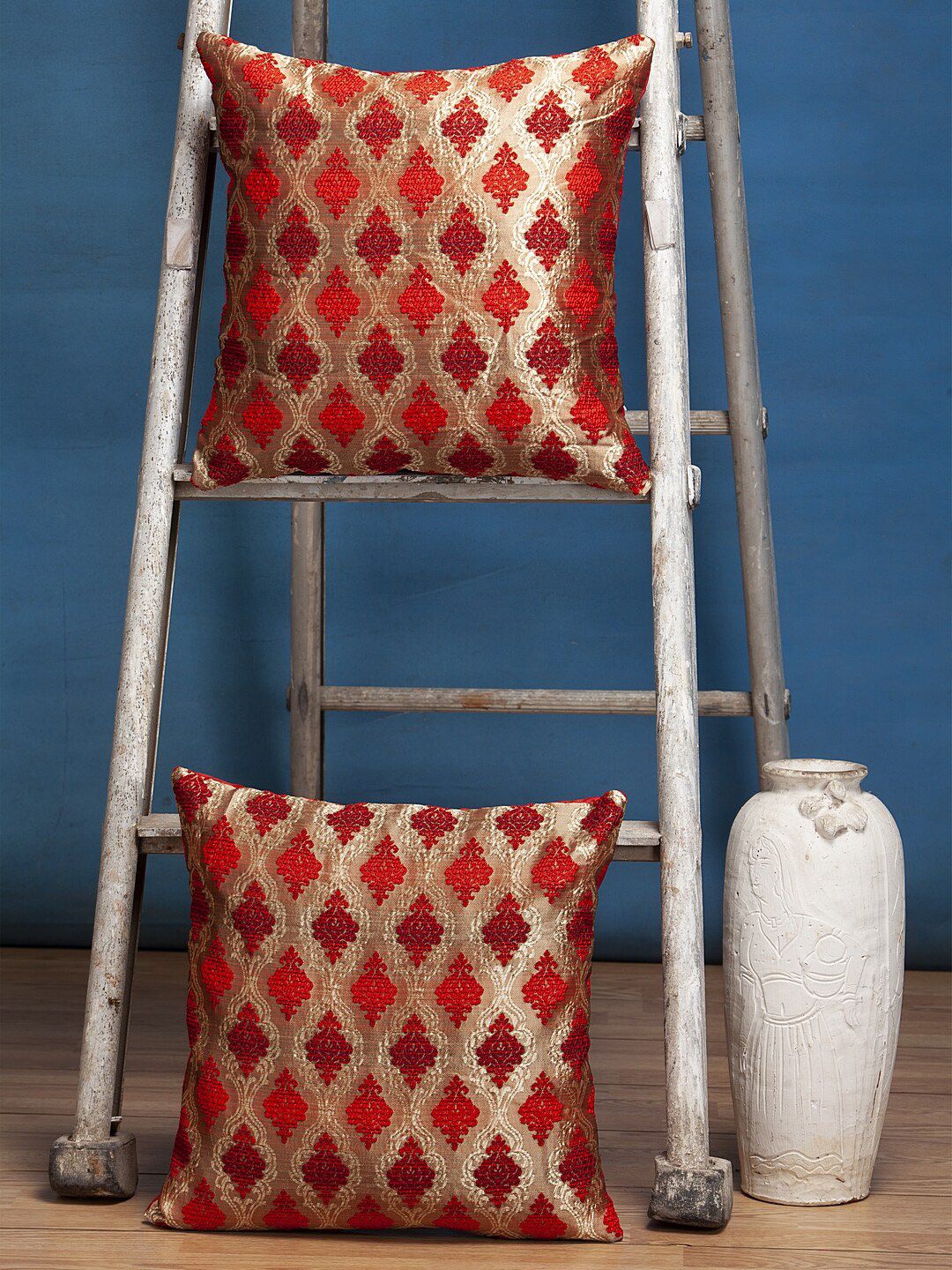 Alina decor Red & Gold Set of 2 Self Design Square Cushion Covers Price in India