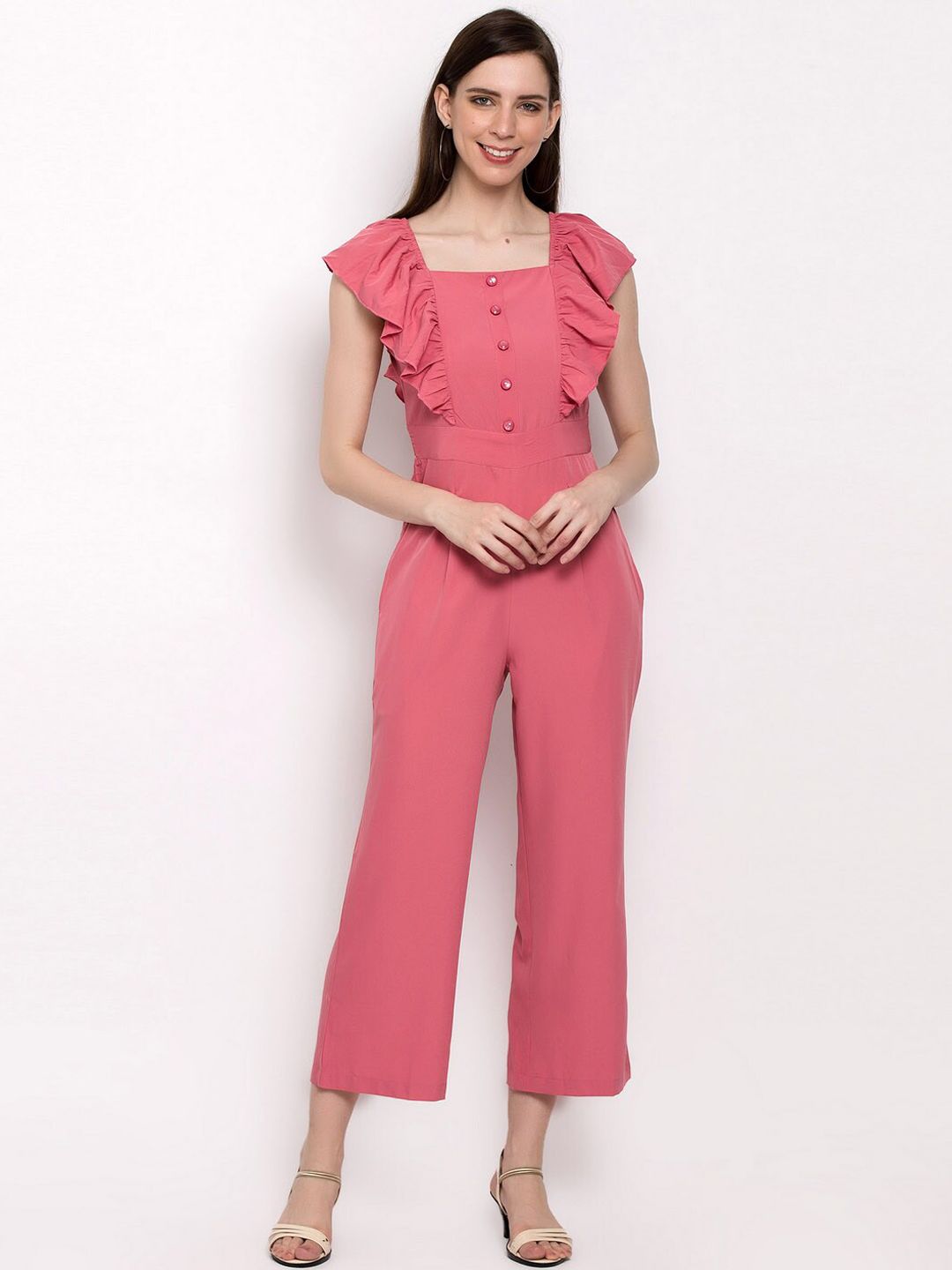 Slenor Women Pink Solid Capri Jumpsuit Price in India