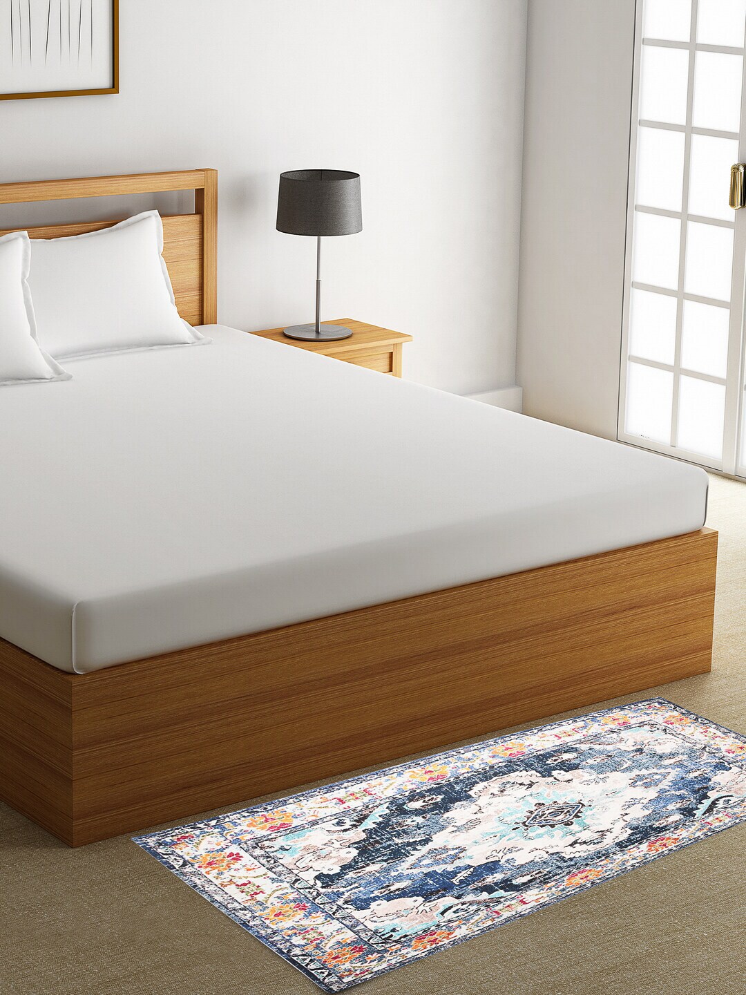 ROMEE Unisex Blue & White Ethnic Patterned Bed Side Floor Runner Price in India