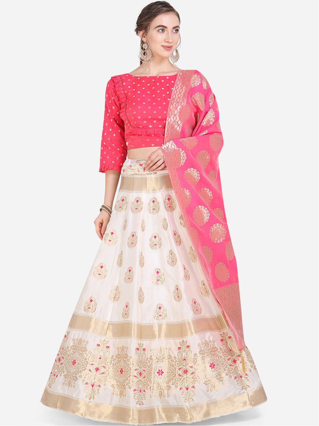 PURVAJA White & Pink Woven Design Semi-Stitched Lehenga & Unstitched Blouse with Dupatta Price in India