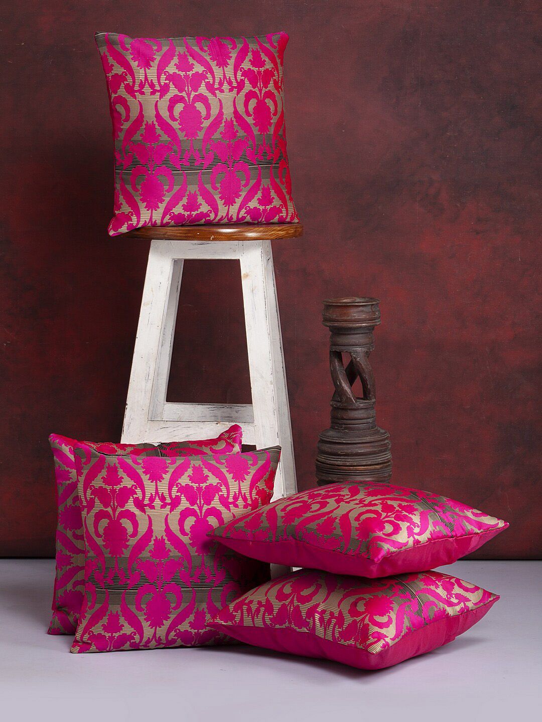 Alina decor Pink & Gold Set of 5 Self Design Square Cushion Covers Price in India