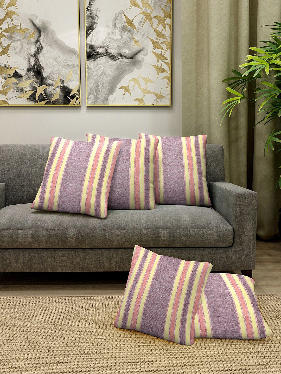 KLOTTHE Set of 5 Purple & Yellow Striped Square Cushion Covers Price in India