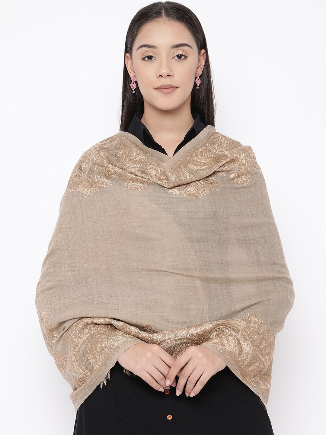 Pashmoda Women Beige Pure Wool Embroidered Stole Price in India
