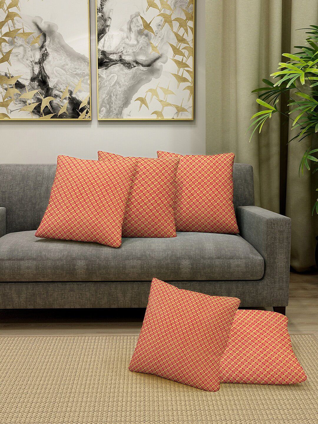 KLOTTHE Set Of 5 Orange & Red Self-Design Floor Cushions Price in India