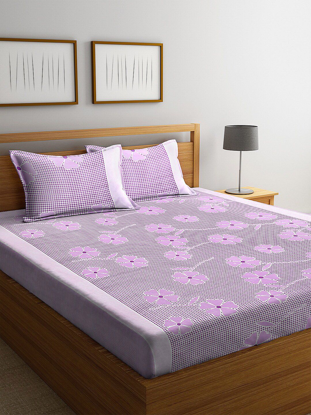 ROMEE Lavender Floral 144 TC Cotton 1 Queen Bedsheet with 2 Pillow Covers Price in India