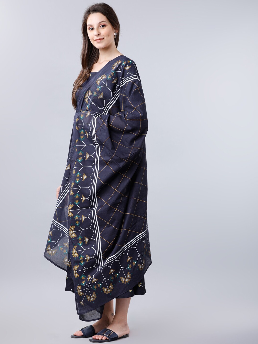 Vishudh Women Navy Blue Printed Fit and Flare Dress With Dupatta Price in India