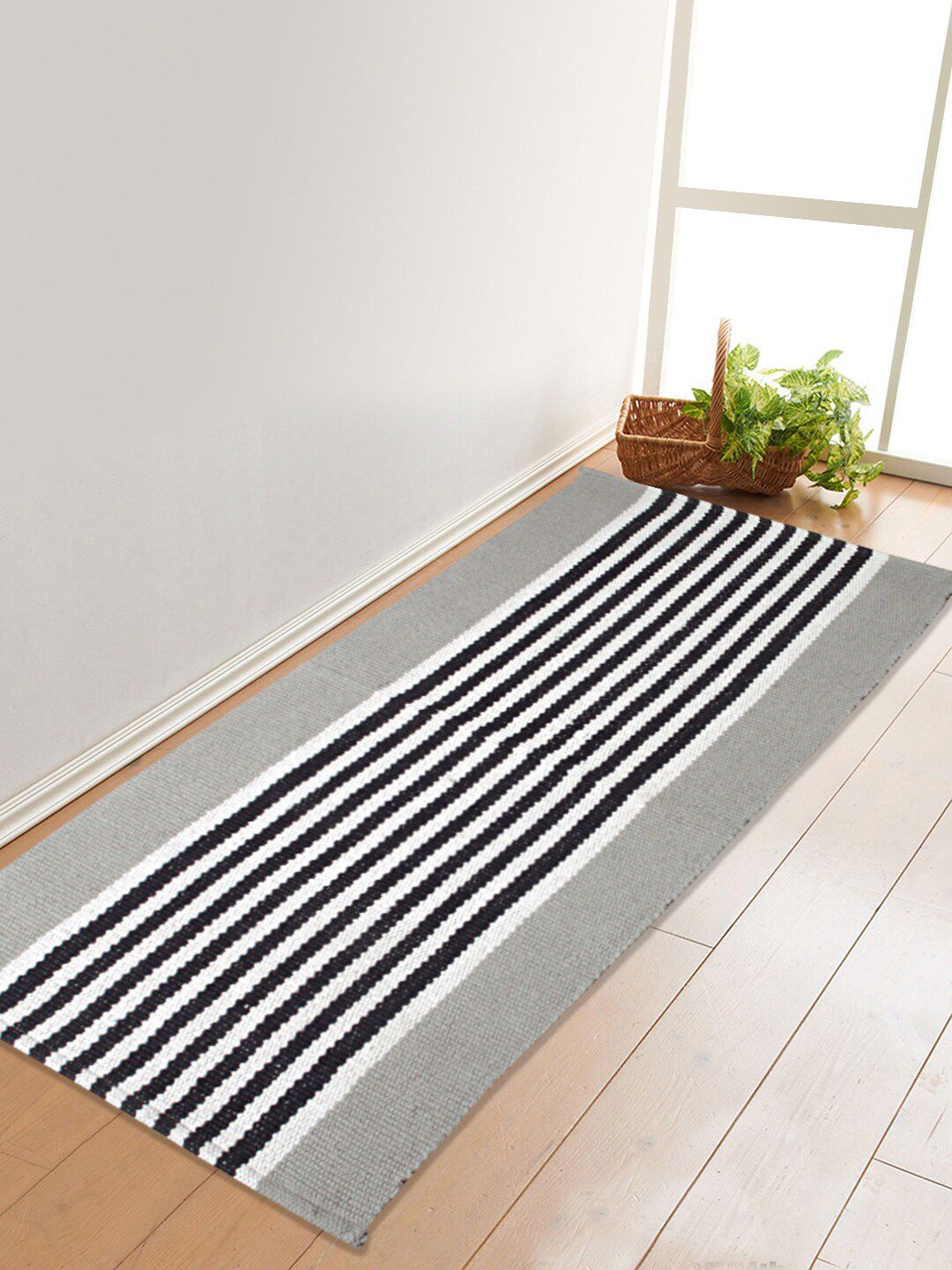 Saral Home Grey & Black Striped Pure Cotton Multi-Purpose Floor Runner Price in India