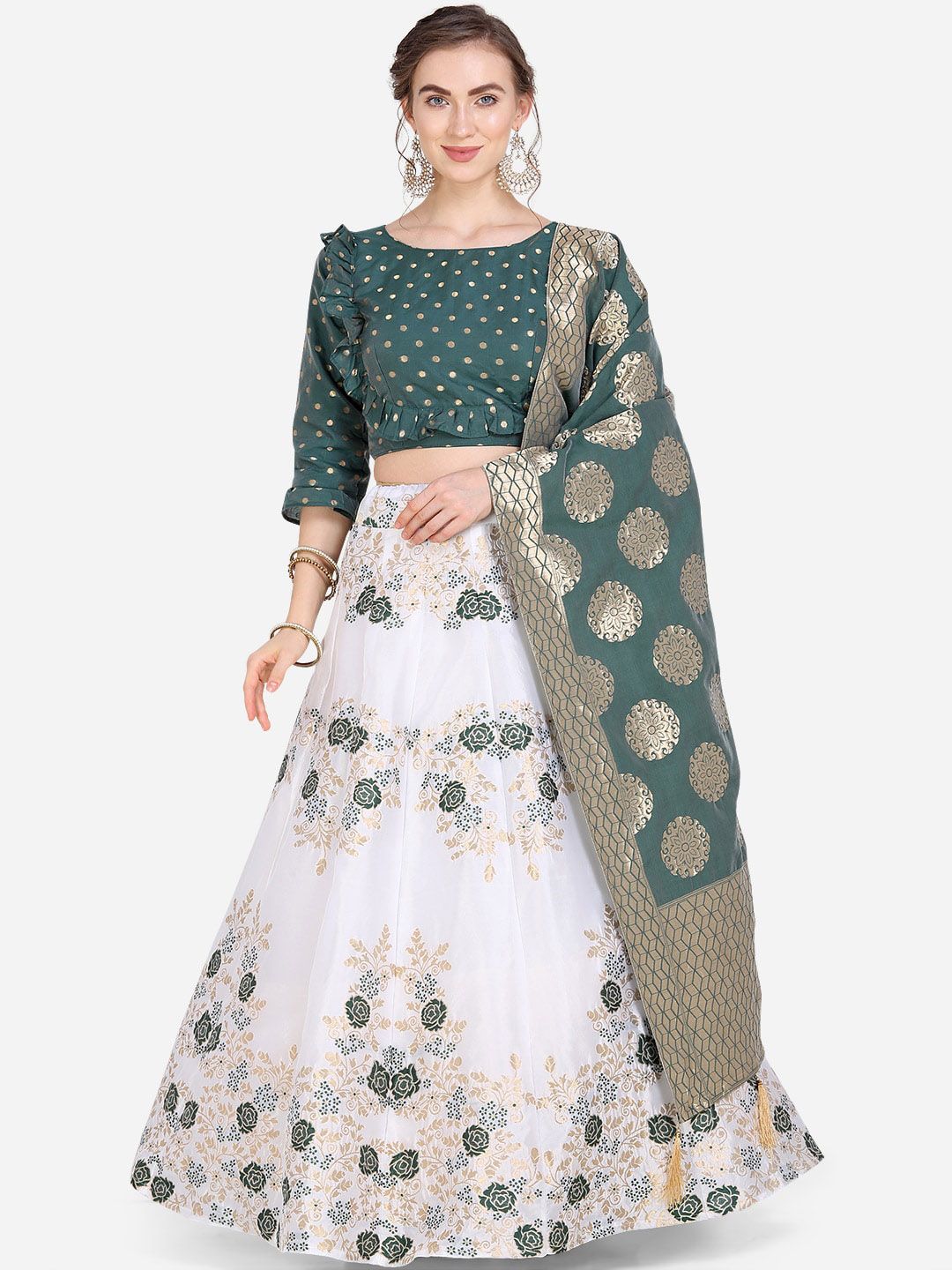 PURVAJA White & Green Printed Semi-Stitched Lehenga & Unstitched Blouse with Dupatta Price in India