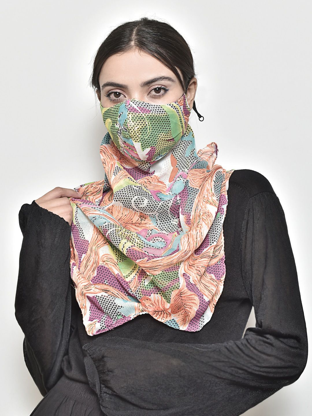 SWAYAM Women Orange & Pink Floral Printed 3-Ply Reusable Adjustable Face Mask With Scarf Price in India