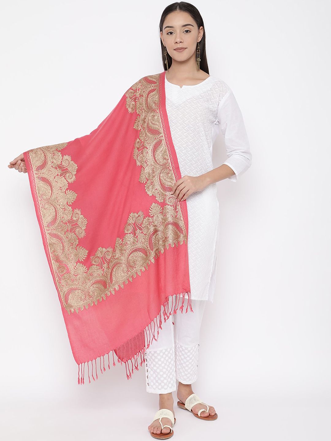 Pashmoda Women Pink & Gold-Coloured Floral Embroidered Pure Wool Stole Price in India