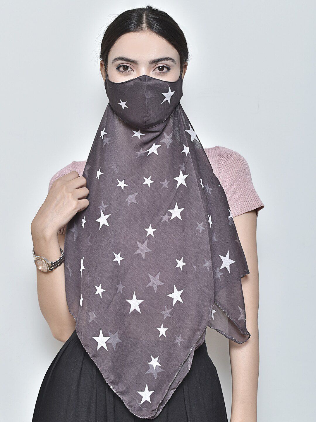 SWAYAM Women Grey & White Printed 3-Ply Anti-Pollution Reusable Protective Outdoor Mask Cum Scarf Price in India