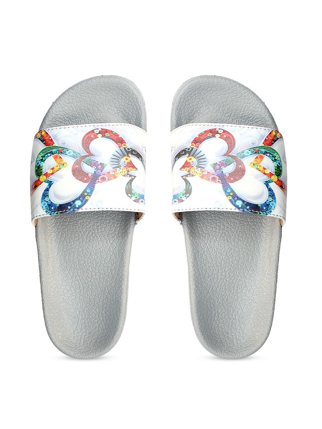 FREECO Women Grey & White Printed Sliders Price in India