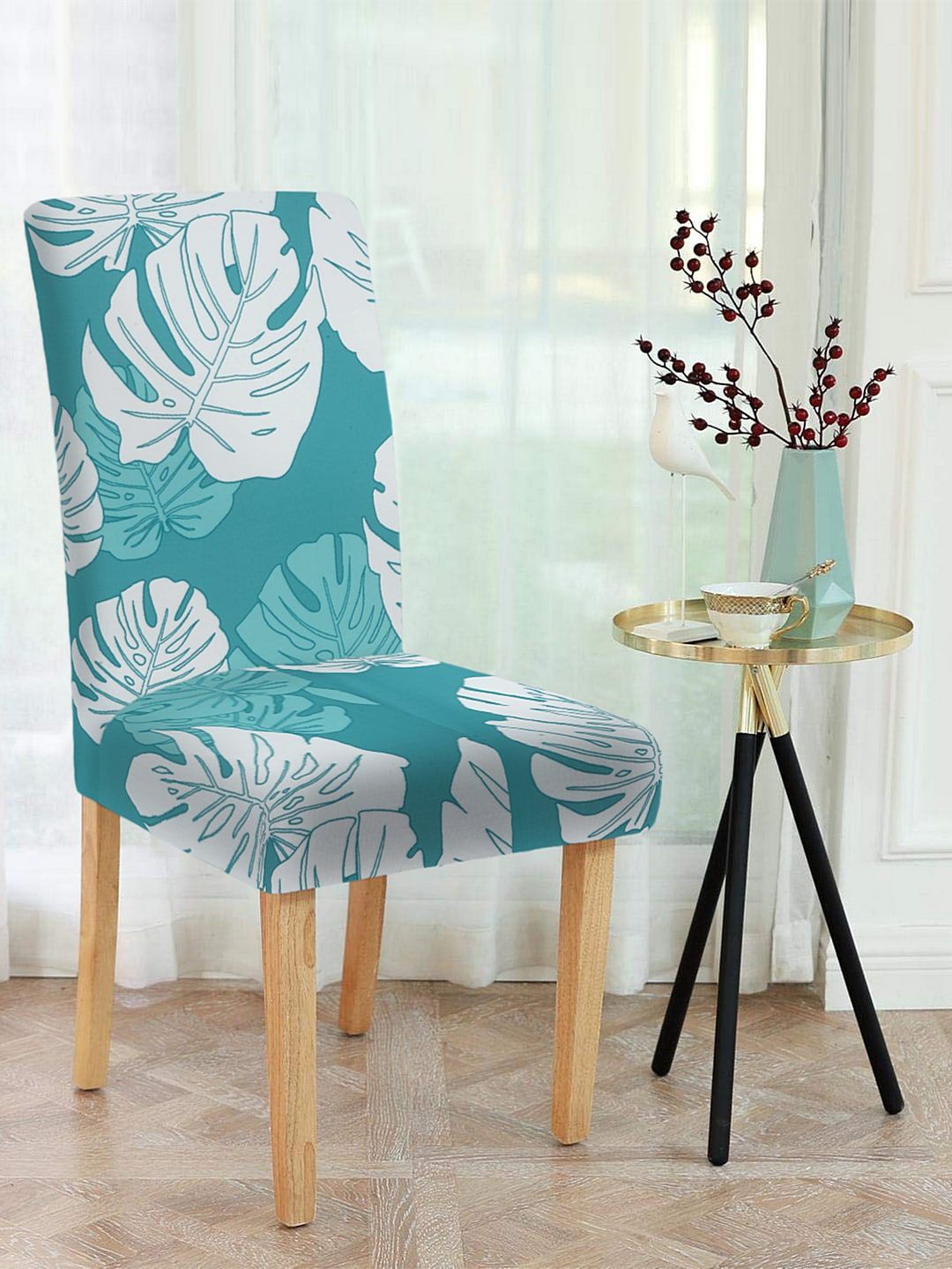 Cortina Set Of 4 Teal Blue & White Printed Chair Covers Price in India