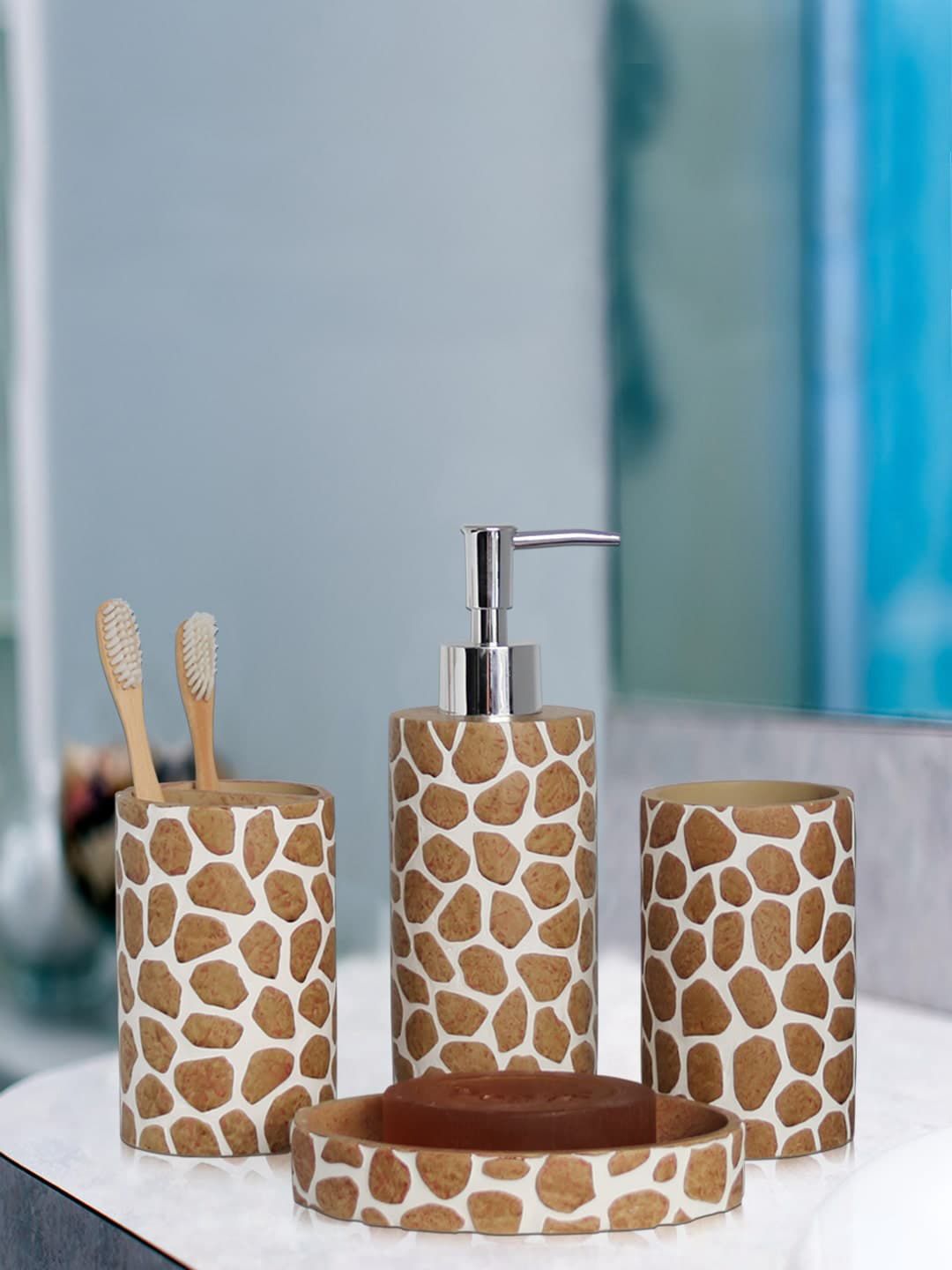 Shresmo Brown & White Abstract Textured Polyresin Bath Accessories Set Price in India
