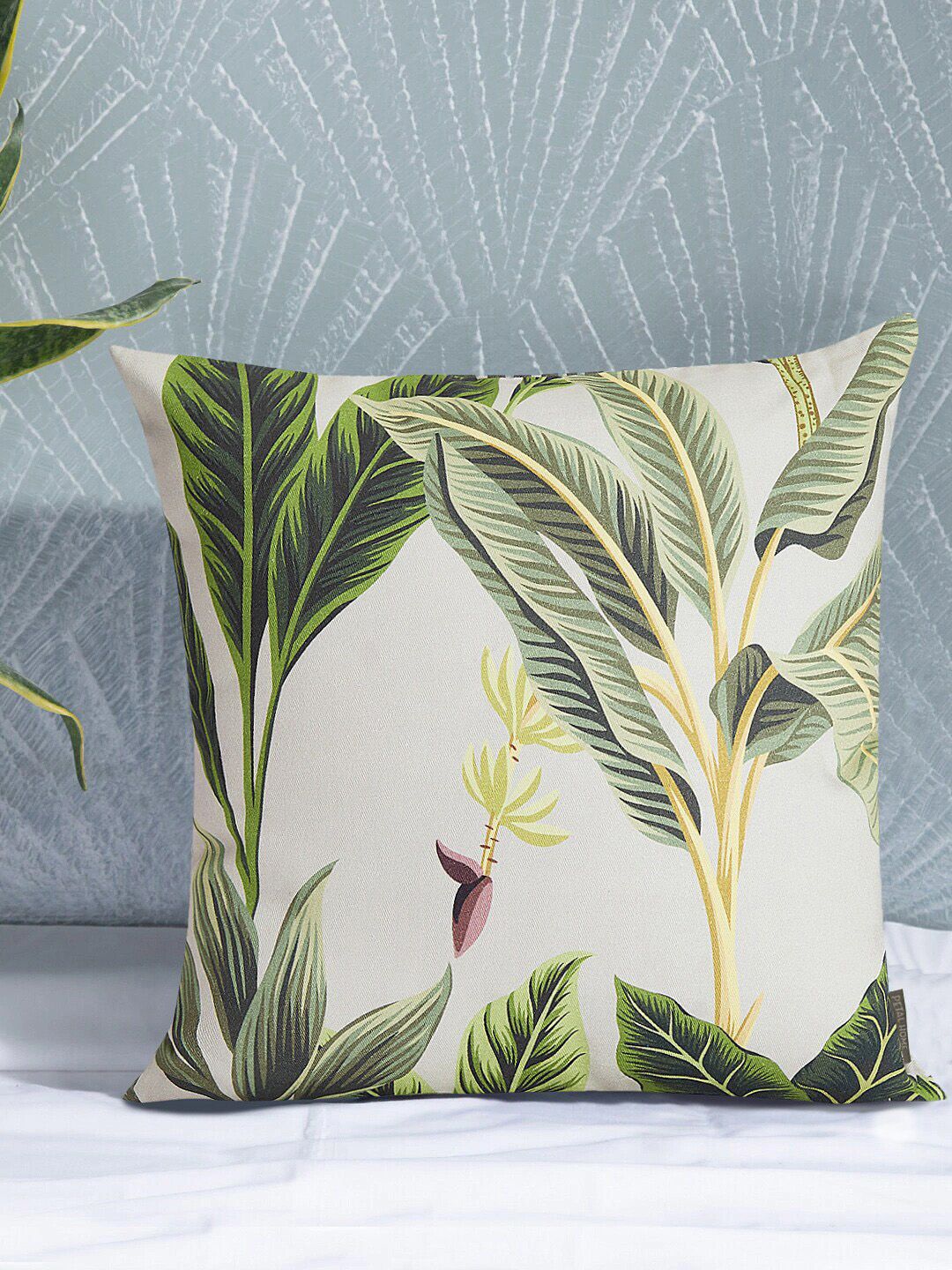 PETAL HOME Off-White & Green Single Floral Square Cushion Cover Price in India