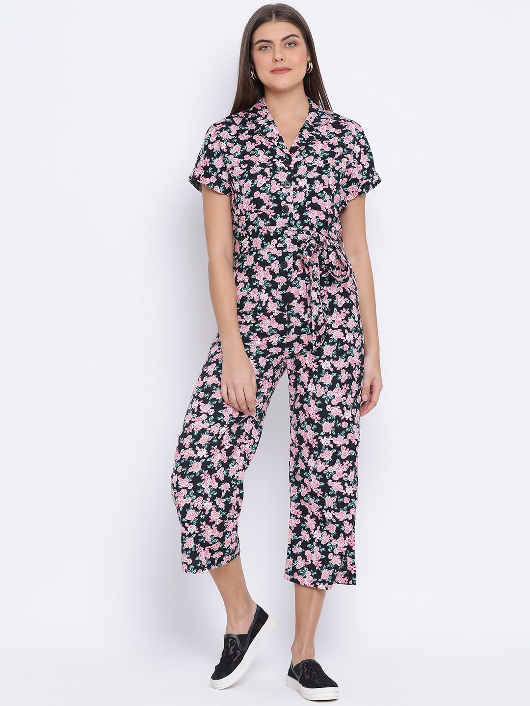 Oxolloxo Women Black & Pink Printed Cotton Basic Jumpsuit Price in India