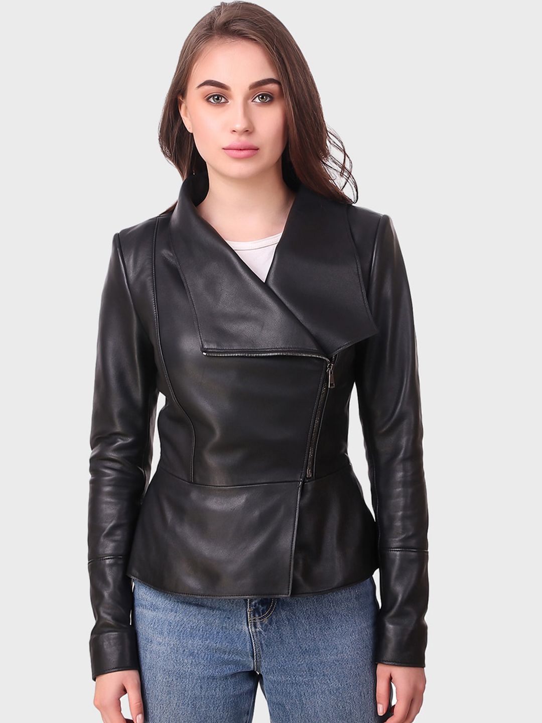 echt Women Black Solid Leather Jacket Price in India