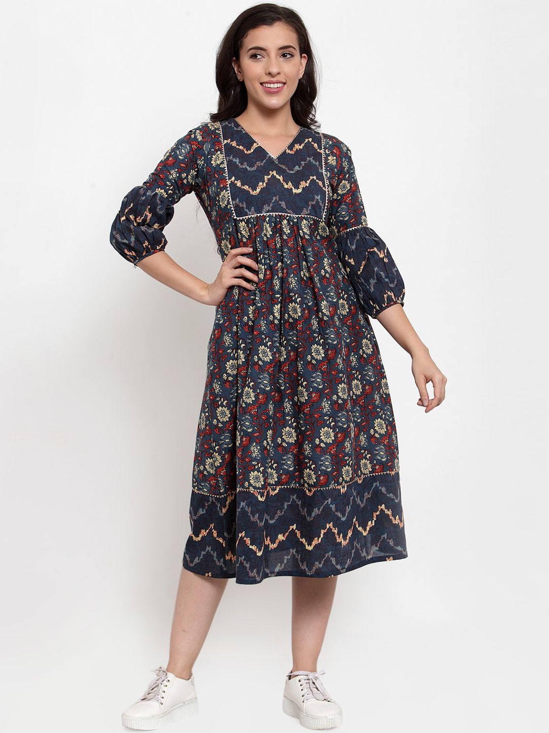 Indibelle Women Blue Printed Empire Dress Price in India