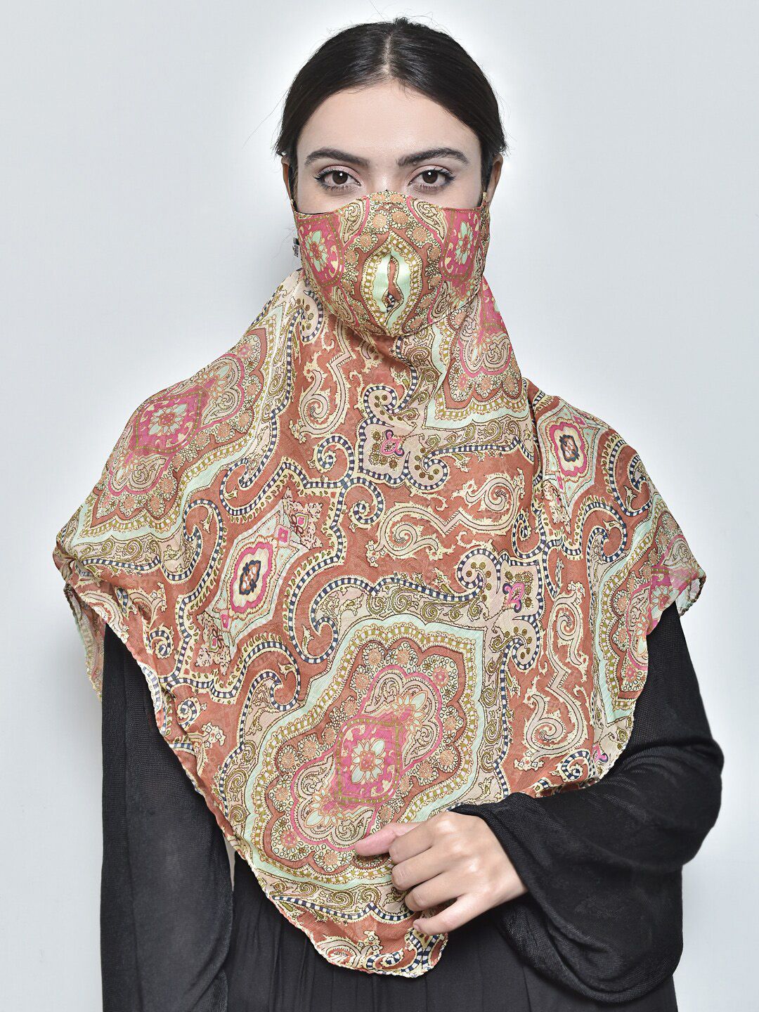 SWAYAM Women Brown & Pink Printed 3-Ply Anti-Pollution Reusable Protective Outdoor Mask Cum Scarf Price in India