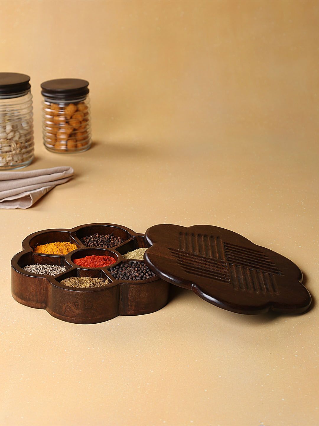ellementry Brown Flower Shaped Dishwasher Safe Manjari Masala Wooden Box With 7 Compartments Price in India