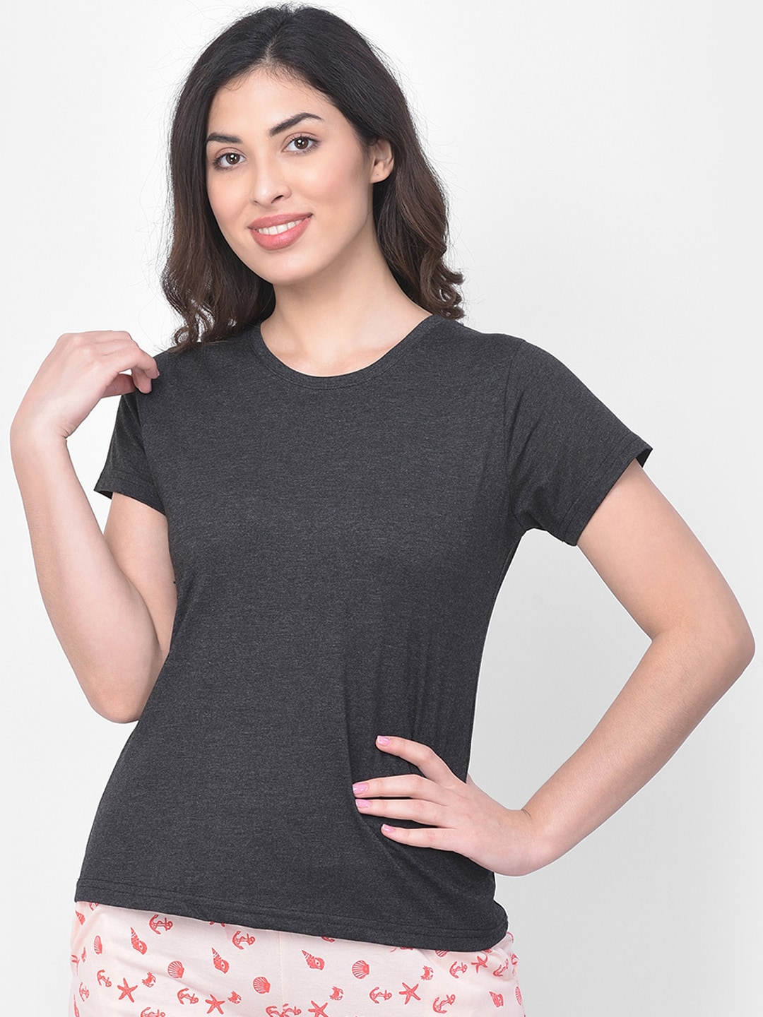 Clovia Women Charcoal Grey Solid Lounge T-shirt Price in India