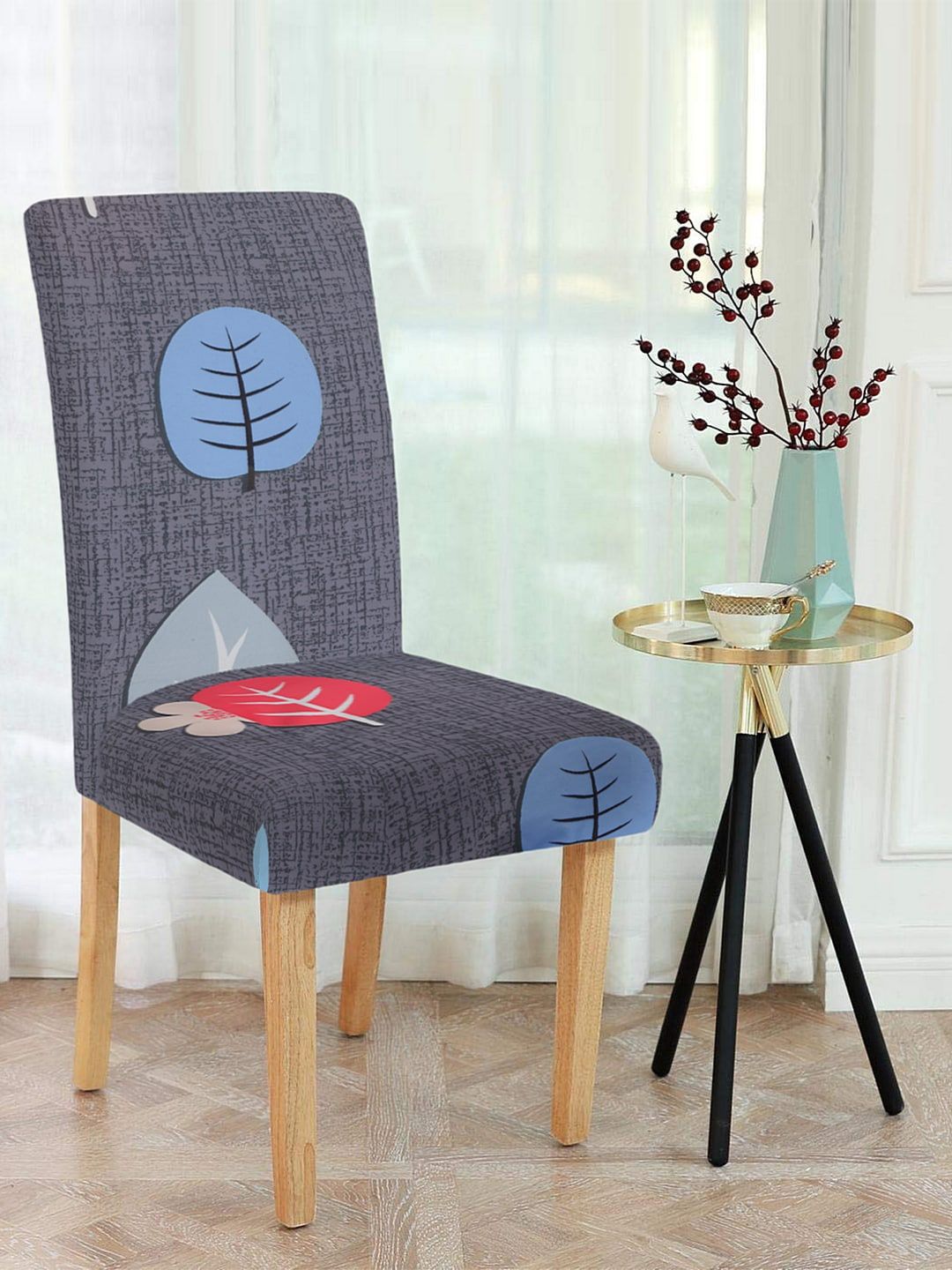 Cortina Set Of 6 Grey & Blue Printed Chair Covers Price in India