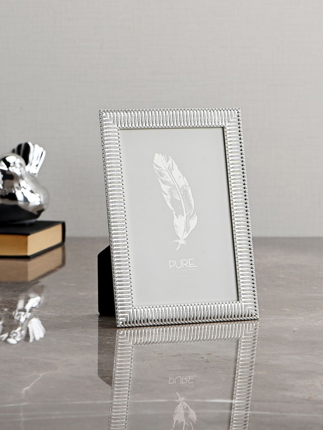 Pure Home and Living Silver-Toned Striped Small Modern Tabletop Photo Frame Price in India