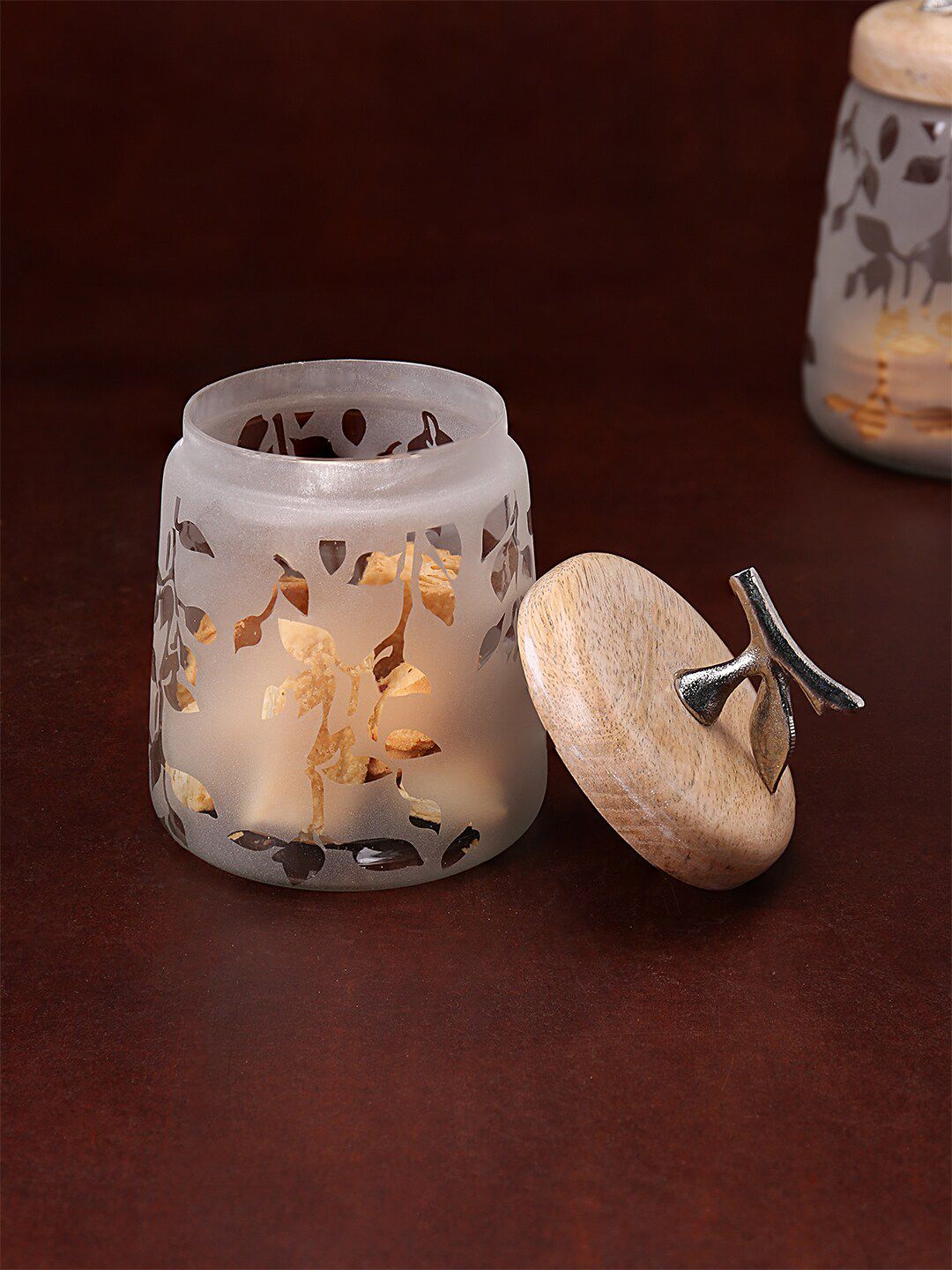 ellementry White & Brown Dishwasher Safe Twigy Frosted Glass Jar with Wooden Lid Price in India