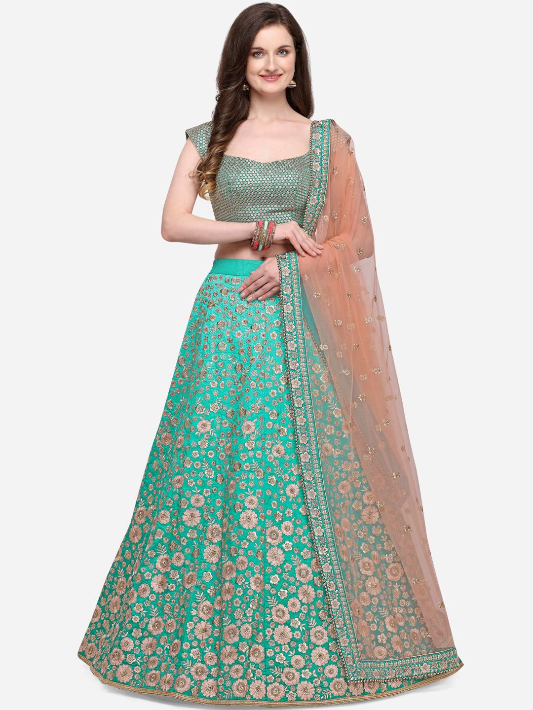 NAKKASHI Sea Green & Peach-Coloured Embroidered Semi-Stitched Lehenga & Unstitched Blouse with Dupatta