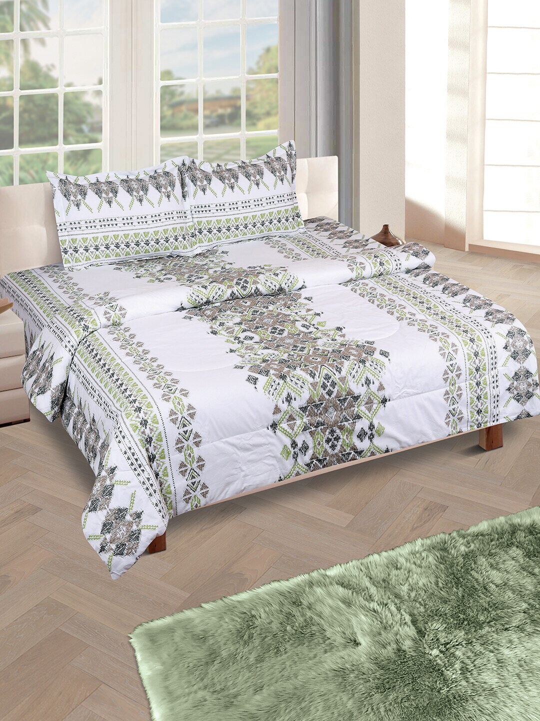 ROMEE Off-White & Green Ethnic Motifs Printed Bedding Set with Reversible Quilt Price in India