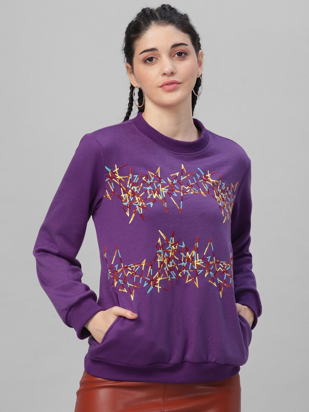 Athena Women Purple Embroidered Sweatshirt Price in India