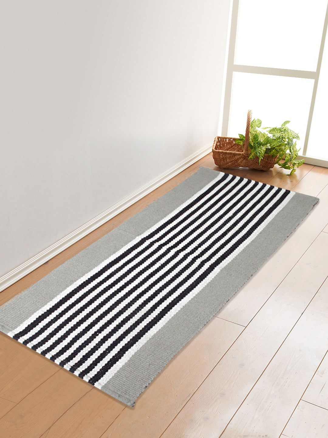 Saral Home Grey & Black Striped Pure Cotton Multi-Purpose Runner