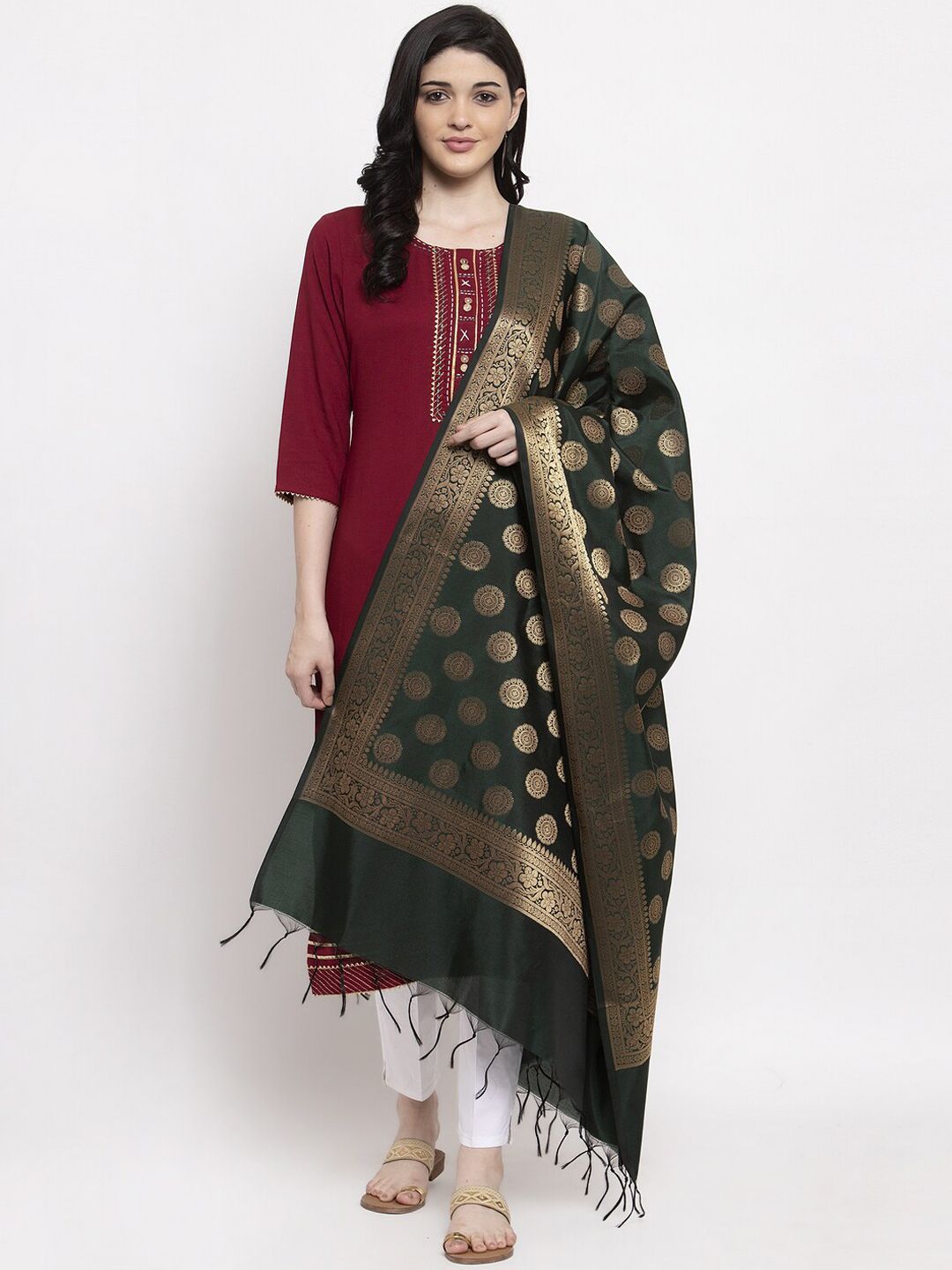 Clora Creation Green & Gold-Toned Woven Design Dupatta Price in India