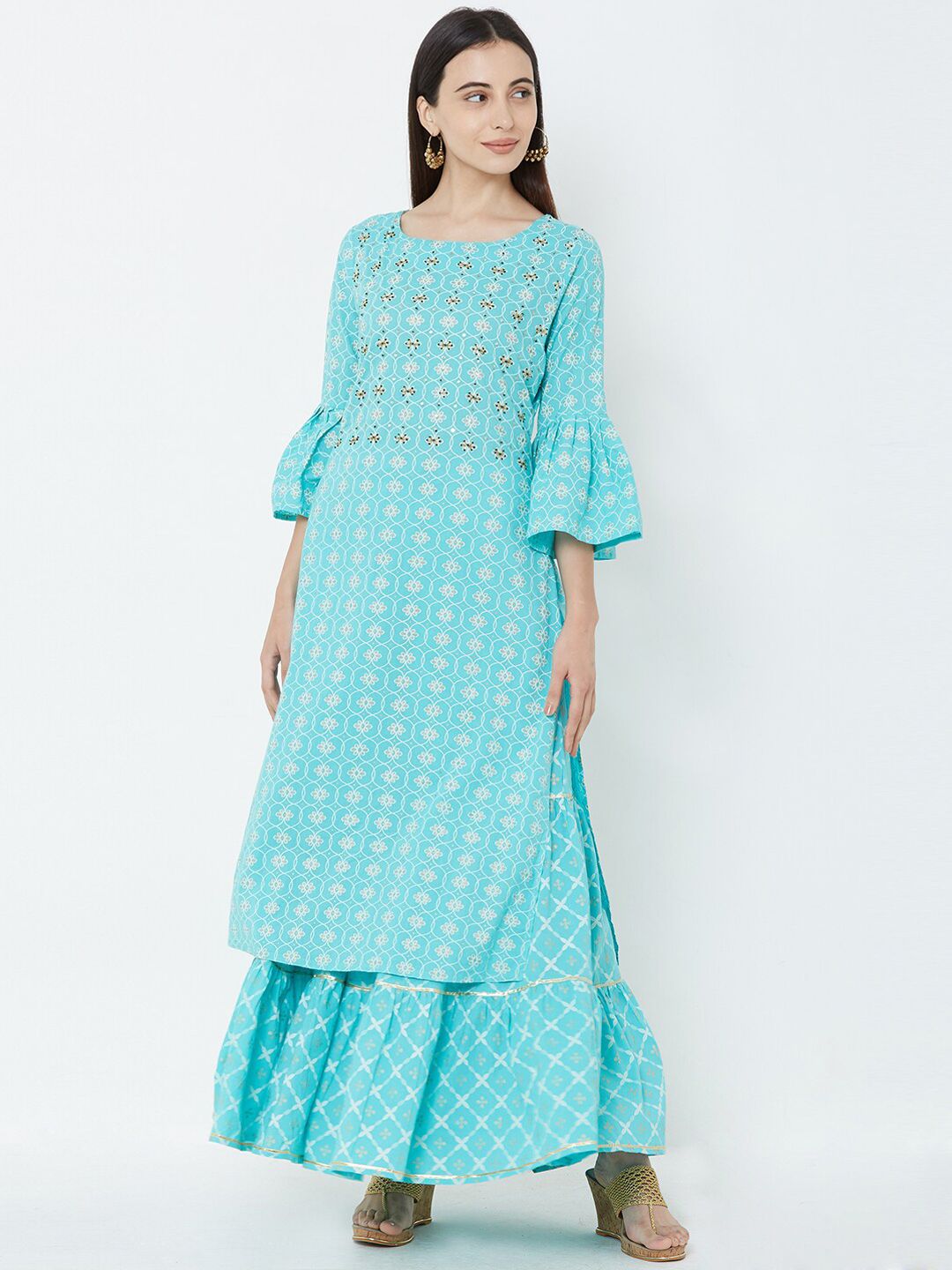 FASHOR Women Sea Green & Off-White Printed Kurta with Palazzos