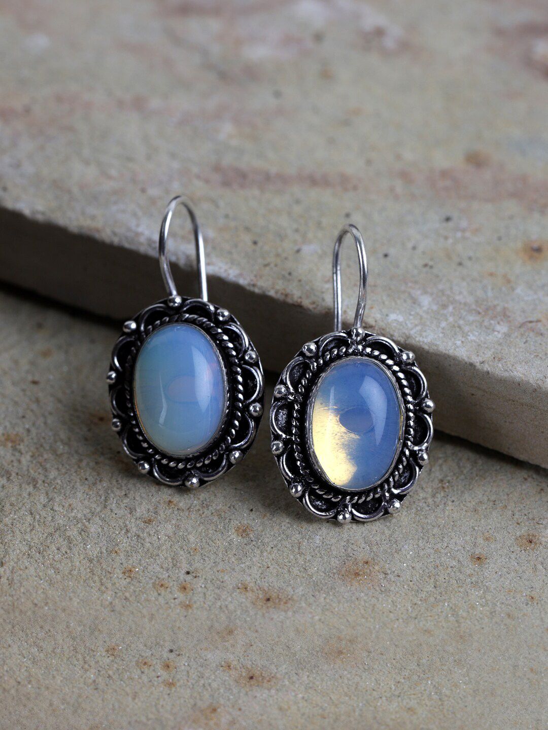 Fabstreet Silver-Plated Chalcedony Oval Shaped Drop Earrings Price in India