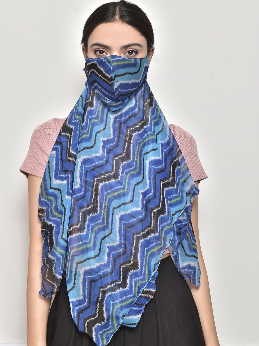 SWAYAM Women Blue & Black Printed 3-Ply Anti-Pollution Reusable Protective Outdoor Mask Cum Scarf Offers & Cashback