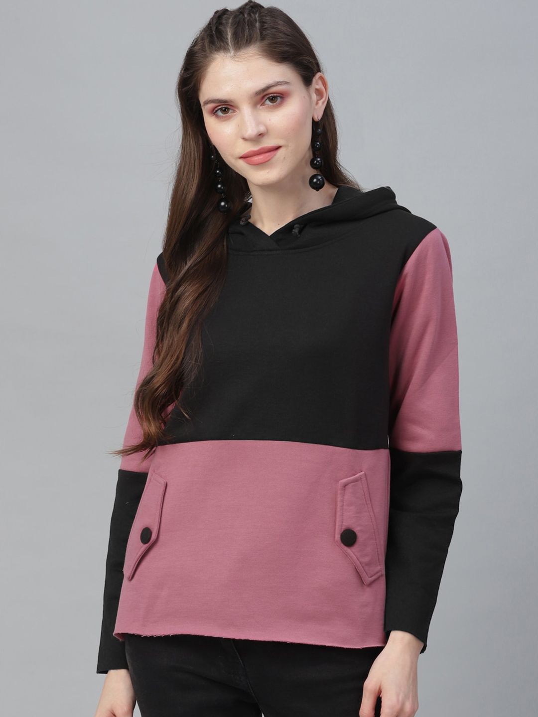 Athena Women Pink & Black Colourblocked Hooded Sweatshirt Price in India