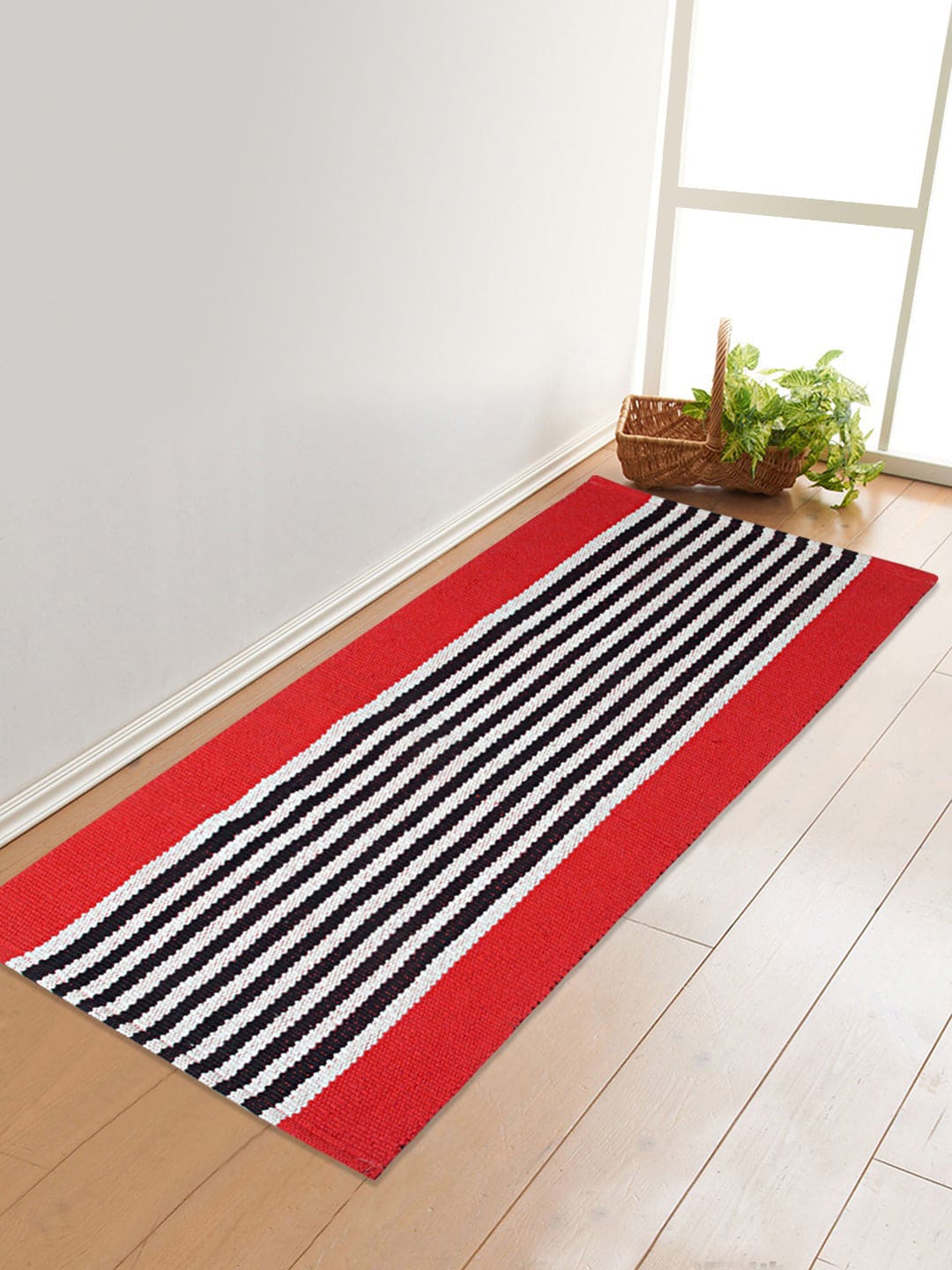 Saral Home Red & Black Striped Pure Cotton Multi-Purpose Floor Runner Price in India
