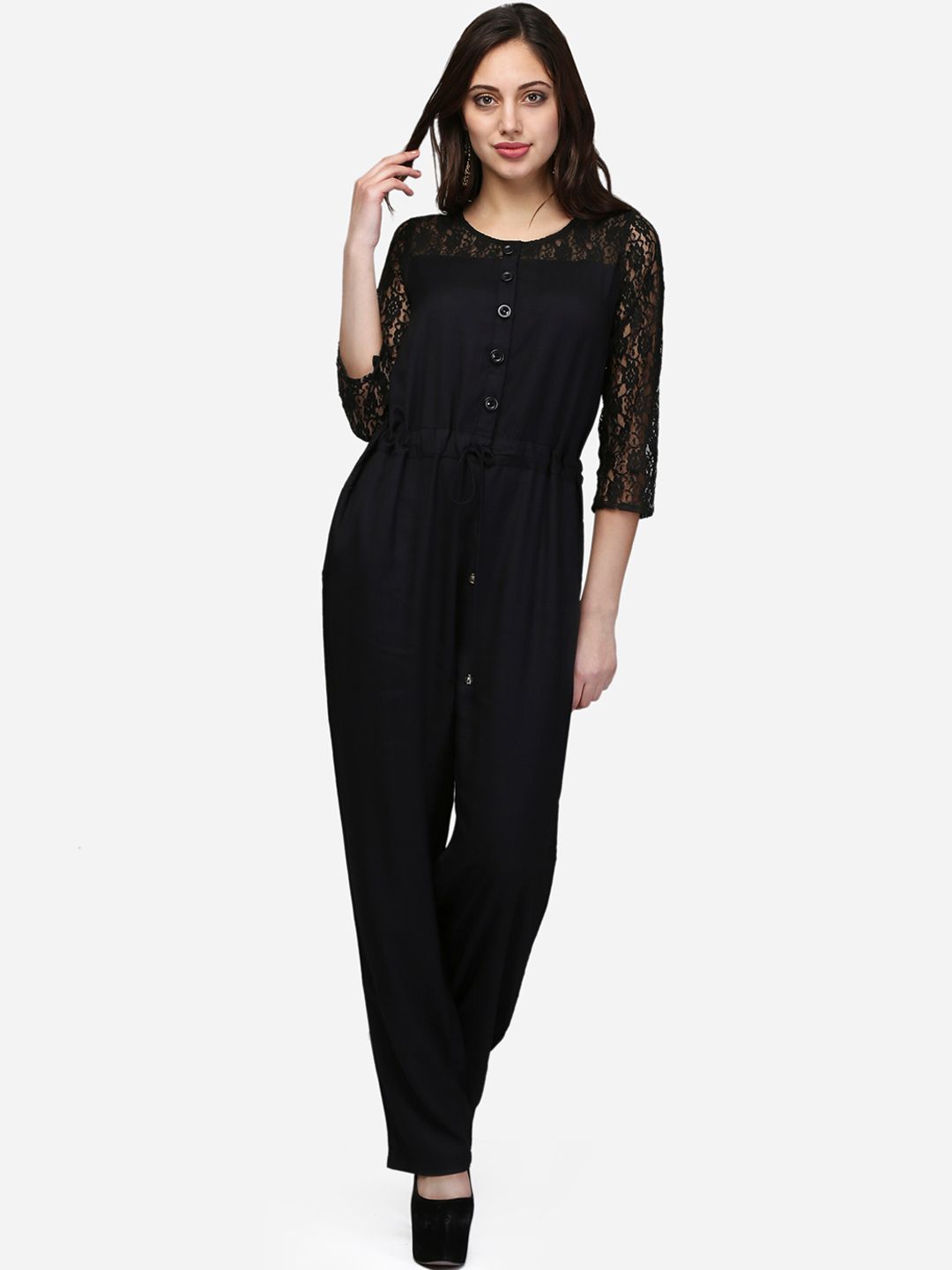 V&M Women Black Solid Lace Basic Jumpsuit Price in India