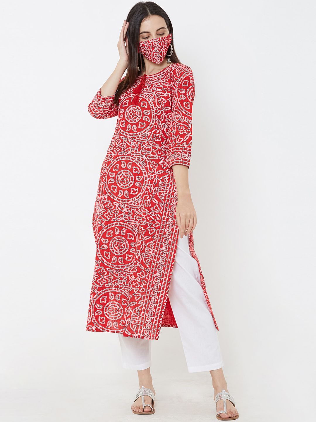 FASHOR Women Red Printed Straight Kurta with Mask