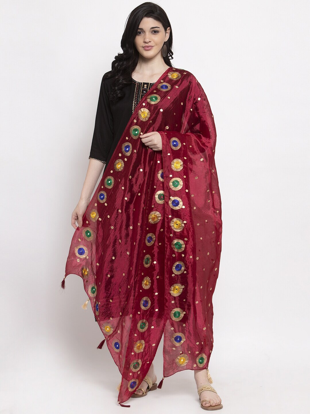 Clora Creation Maroon & Gold-Toned Embroidered Dupatta Price in India