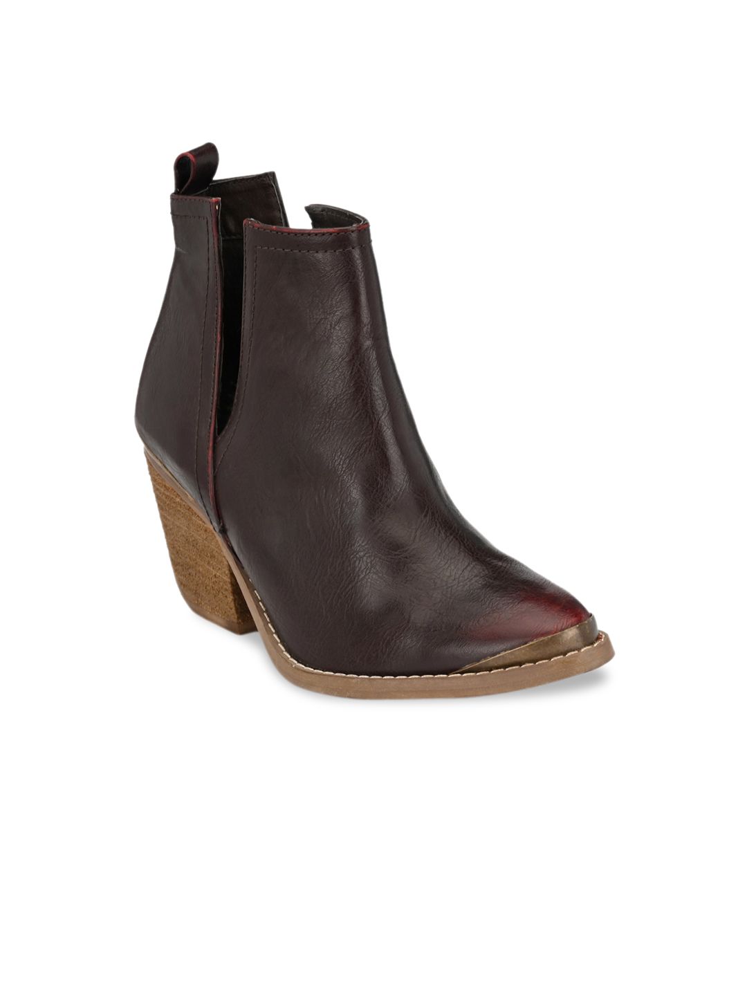 Zebba Women Maroon & Brown Textured Heeled Boots Price in India