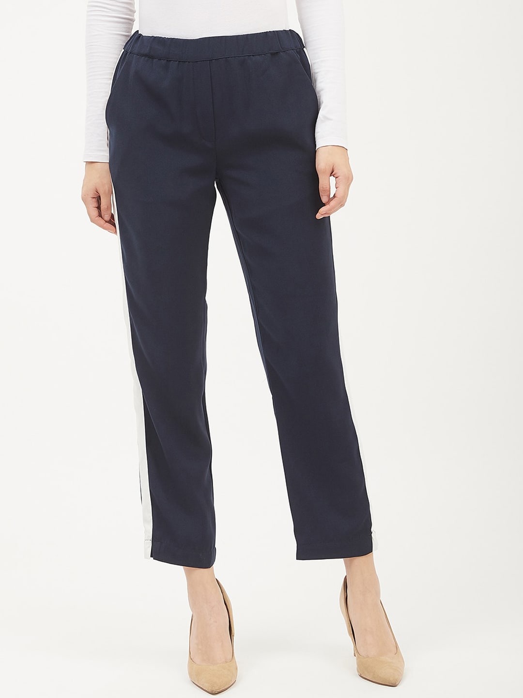 Harpa Women Navy Blue Smart Regular Fit Solid Regular Trousers Price in India