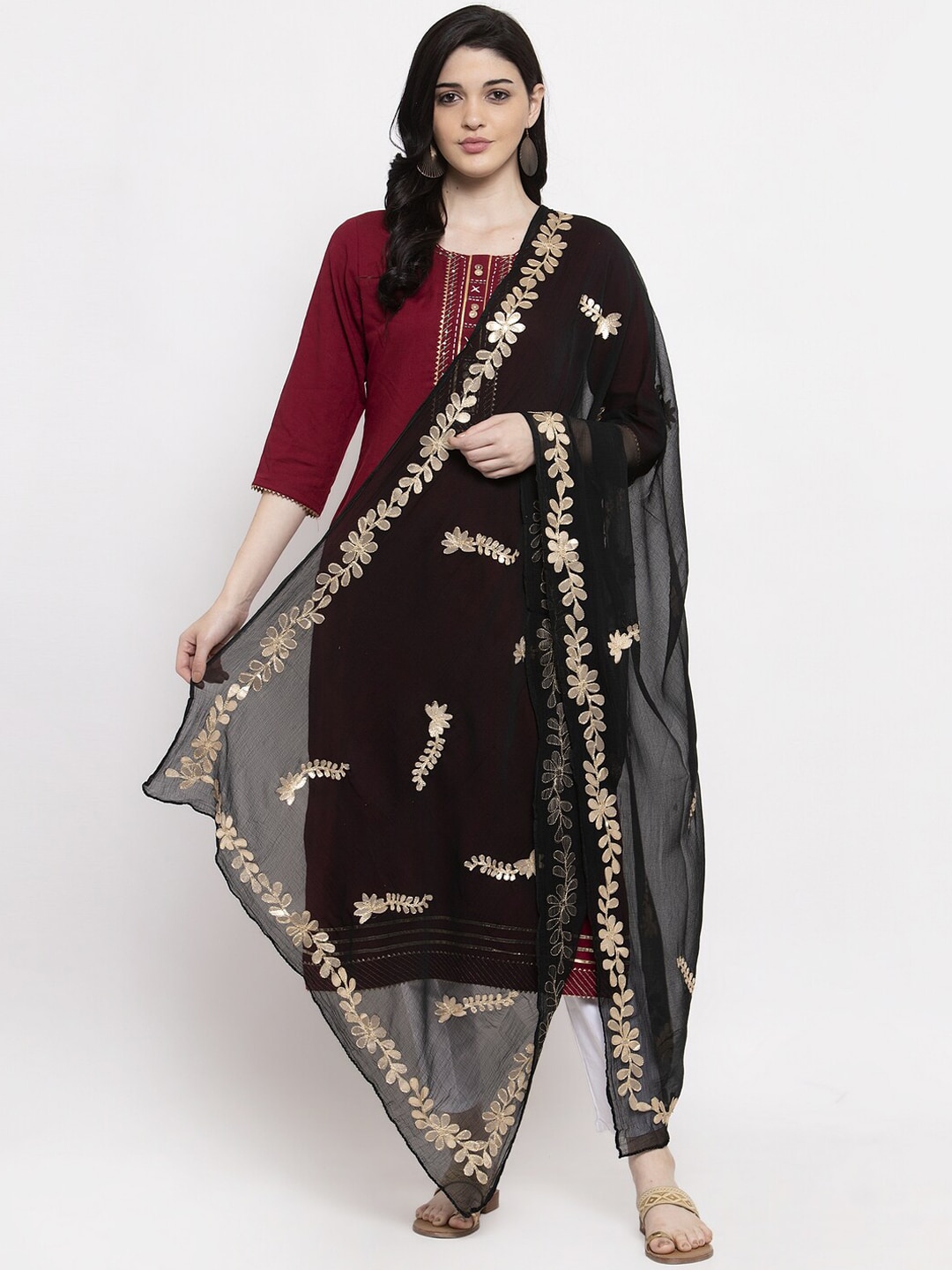 Clora Creation Black & Gold-Toned Woven Design Dupatta Price in India